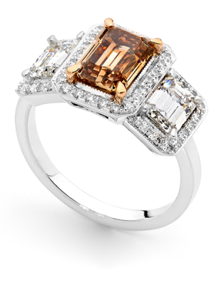  Emerald Cut Argyle Champagne Diamond Trilogy Ring