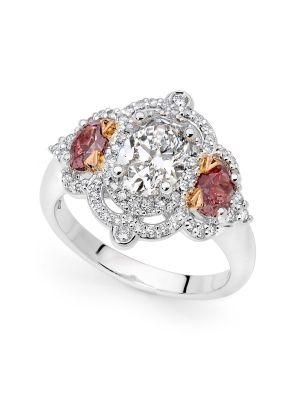  Vintage Inspired Oval Trilogy Halo Ring with Rare Argyle Pink Diamonds