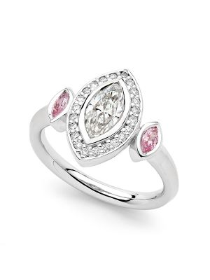  Three Stone Marquise and Halo Argyle Pink Diamond Ring